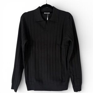 Mens Knit Polo Sweater, Black, Long Sleeve Ribbed Collared Dress, Medium